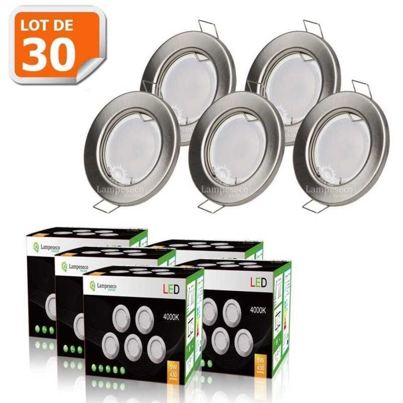 Lot de 30 spot led encastrable complète ronde fixe alu brossé blanc neutre eq. 50w