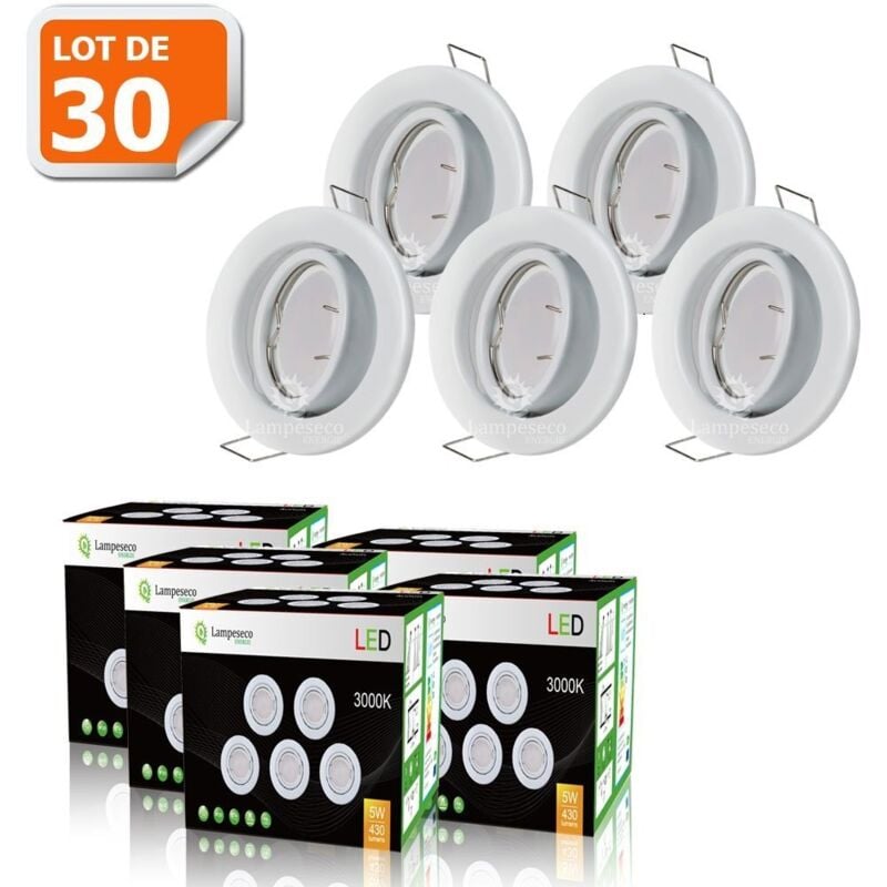 Lot de 30 Spot led orientable blanc avec ampoule gu10 230v eq. 50w, blanc chaud