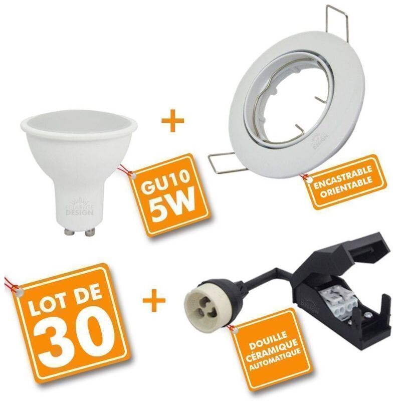 Image of Set di 30 faretti led ad incasso totale orientabili bianchi con lampadina GU10 230V 5W Température de Couleur: Blanc neutre 4000K