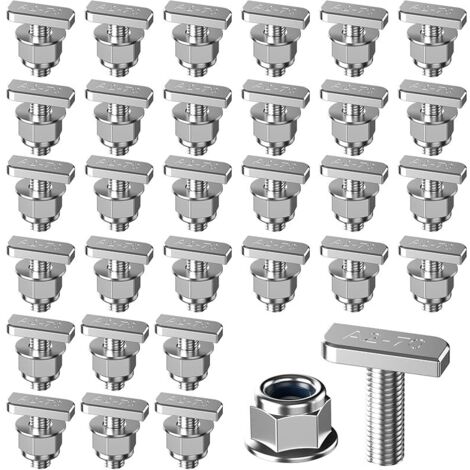 Lot de 30 vis en T avec écrous à dents de blocage en T - Vis à tête marteau avec écrou à bride M8 x 20 mm - Vis à tête marteau pour serre PV - Rails de montage solaires photovoltaïques