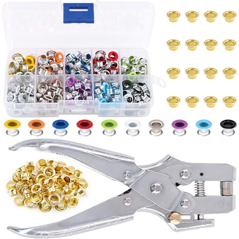 Lot de 300 œillets en métal 10 couleurs 0,95 cm et 1 pince perforatrice à œillets avec 100 œillets dorés, œillets en métal