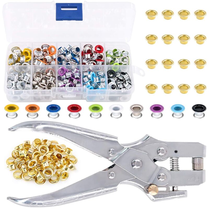 Lot de 300 œillets métalliques de 10 couleurs de 1,9 cm et 1 pince perforatrice à œillets avec 100 œillets dorés, œillets métalliques, œillets de