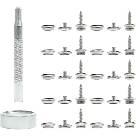 Lot de 32 boutons-pression à visser 15 mm en acier inoxydable 304 avec outils de fixation, boutons-pression argentés pour toile, meubles en bois et cuir DIY