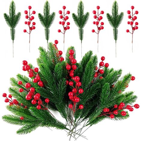 Lot de 32 branches de pin artificielles, baies de houx de Noël, tiges de baies rouges artificielles pour décorations de couronnes de Noël, décoration d'arbre de Noël
