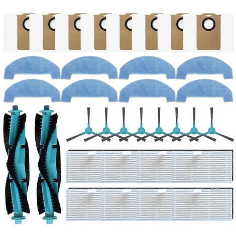 Lot de 34 pièces de rechange pour aspirateur Ultenic T20 Pro : brosse principale, brosse latérale, filtre HEPA, chiffon de nettoyage et sac à poussière.