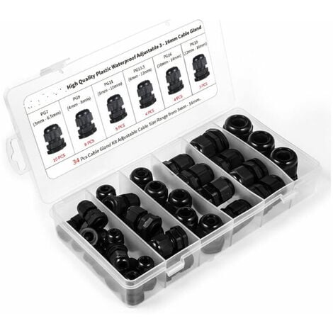Lot de 34 presse-étoupes en plastique étanche , PG7, PG9, PG11, PG13,5, PG16, PG19