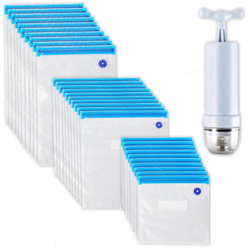 Lifcausal - Lot de 35 sacs de conservation sous vide réutilisables pour aliments, 3 tailles avec 1 pompe à main, 4 clips de cuisson, 4 clips