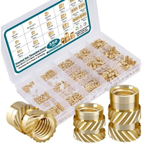 Lot de 350 écrous filetés M2 M2,5 M3 M4 M5 M6 avec boîte en plastique (écrous moletés à filetage interne, assortiment d'inserts