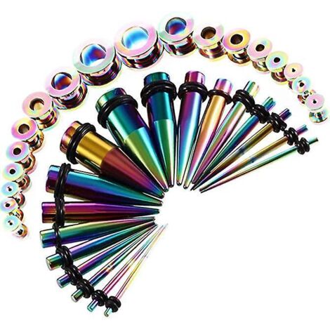 lot De 36 Bouchons D'oreille Stretch (colors) Mtal 18 Bouchons D'oreille Stretch + 18 Trous Chair Double Festonns Inox 1,6 Mm - 10 Mm