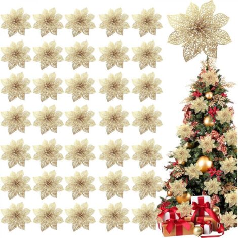 Lot de 36 poinsettias scintillants pour décorations de Noël, fleurs artificielles en soie de 10 cm pour couronnes de Noël, décorations de fêtes (doré)