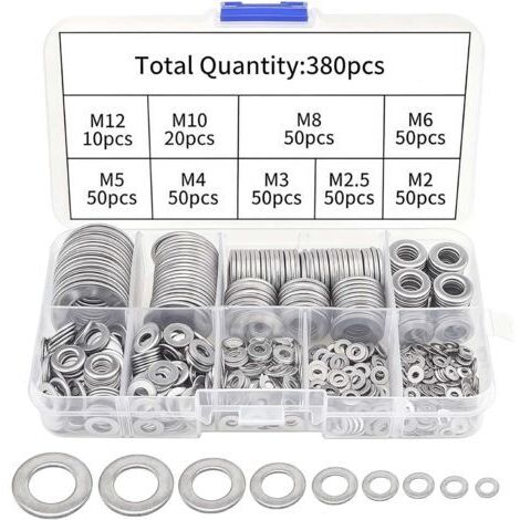 Lot de 380 rondelles en acier inoxydable - Assortiment de rondelles plates M2-M12 - Rondelles de sécurité pour charnières de porte - Joints de vidange d'huile pour réparation hydraulique