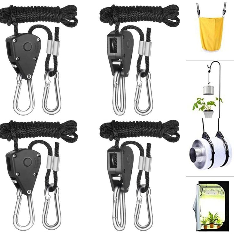 Lot de 4 1/8' poulies à cliquet robustes pour corde de suspension réglable poulie de levage lanière corde cintre kayak et canoë bateau arc corde