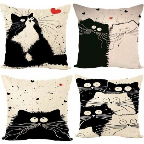 Lot de 4 45 x 45 cm en Coton et Lin Imprimé Noir et Blanc Chat Housse De Coussin carré pour Lit Voiture De La Maison Canapé