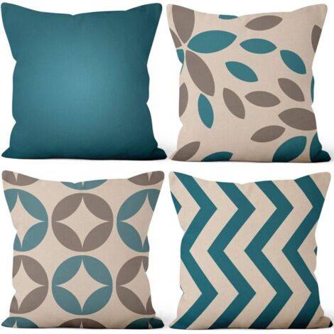 Lot de 4 45x45cm Housses de Coussin, Lot de 4 Lignes Bleues Cyan Modernes Taie d'oreiller Carré Lin Housse de Coussin avec Fermeture éclair Invisible pour Sofa Auto Extérieur Jardin Lit Canapé Maison