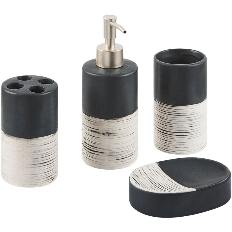 Ensemble Accessoires de Salle de Bains 4 pièces Effet Marbre Noir et Beige Coro