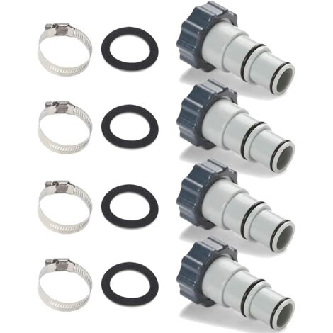 Lot de 4 adaptateurs de tuyau filetés à pince de rechange pour piscines Intex avec tuyaux de 1,5 et 1,25 pouce. Compatibles avec les pompes de filtration, les générateurs de chlore et les systèmes au 