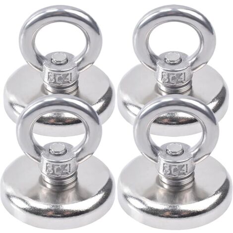 Lot de 4 aimants en néodyme extra puissants de 32 mm - 45 kg - Avec anneaux de levage et vis - Convient pour la pêche dans la maison, l'atelier, l'eau