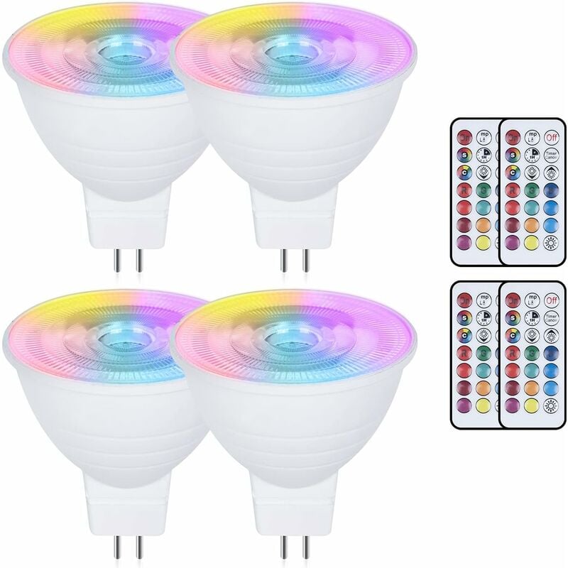 Lot de 4 ampoules led MR16 3 w à changement de couleur GU5.3 - ac/dc 220 v - Intensité variable rvb + blanc chaud 3000 k - Réflecteur avec
