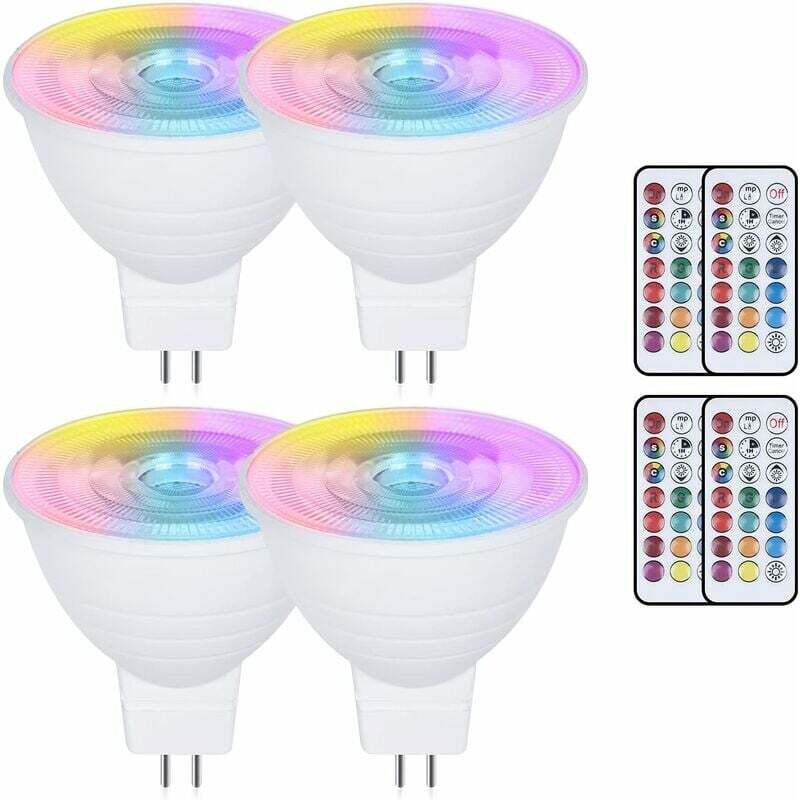 Lot de 4 ampoules LED MR16 3 W à changement de couleur GU5.3 - AC/DC 220 V - Intensité variable RVB + blanc chaud 3000 K - Réflecteur avec