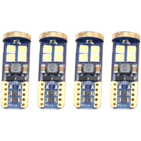 Lot de 4 ampoules LED T10 168 W5W 194 SMD 3030, puce Canbus pour intérieur, plafonnier, carte, porte, éclairage de plaque d'immatriculation, blanc CB T10-12SMD-3030