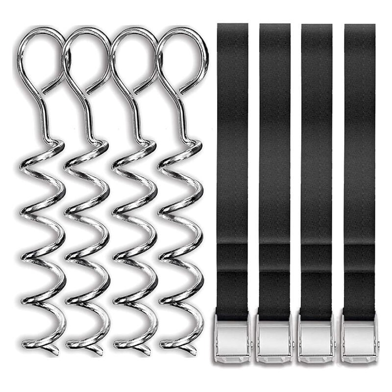 Lot de 4 ancrages au sol pour trampoline, pièces de trampoline robustes en forme de tire-bouchon, ensemble d'ancrage au sol avec sangle réglable et
