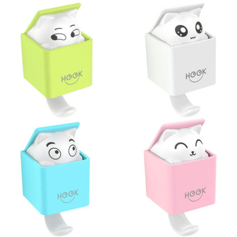Lot de 4 Animal Crochet Adhésif, Créative Chat Déco Enfant Plastique Crochets Porte Serviette Mur, 2kg(max) pour Salon, Salle de Bains, Cuisine, Clés, Sacs, Chapeaux (Rose, Vert, Blanc, Blu)