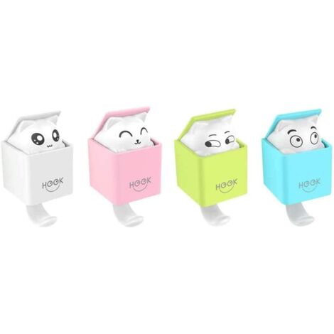 Lot de 4 Animal Crochet Adhésif, Créative Chat Déco Enfant Plastique Crochets Porte Serviette Mur, 2kg(max) pour Salon, Salle de Bains, Cuisine, Clés, Sacs, Chapeaux (Rose, Vert, Blanc, Blu)