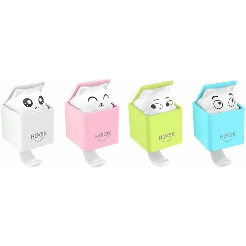 Minkurow - Lot de 4 Animal Crochet Adhésif, Créative Chat Déco Enfant Plastique Crochets Porte Serviette Mur, 2kg(max) pour Salon, Salle de Bains,