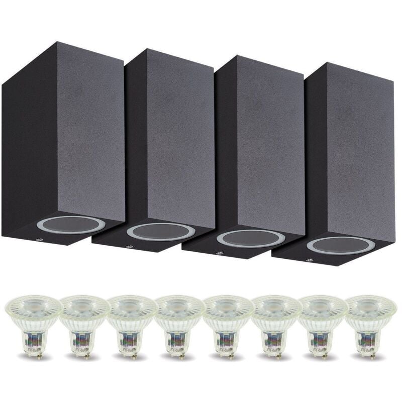 Lot de 4 Appliques Manathan noire Extérieure double faisceau avec 8 Ampoules led GU10 5W Température de Couleur: Blanc chaud 2700K
