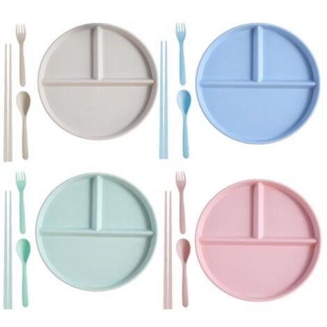 Lot de 4 Assiette Compartiment Adulte: 22 cm Assiettes Divisées avec 3 Compartiments, Assiettes à Dîner Réutilisables avec Cuillère