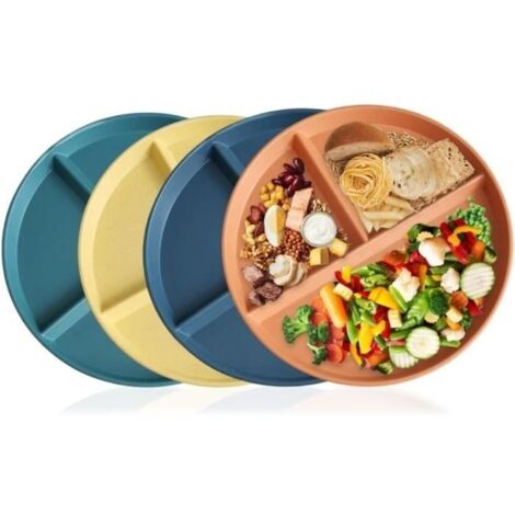 Lot de 4 Assiettes Divisées,Assiette Plastique Reutilisable avec 3 Compartiments, Circulaire Assiettes Profondes de Pique Nique