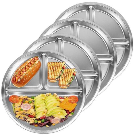 Lot de 4 assiettes en acier inoxydable, assiettes rondes à 3 compartiments de 8 pouces