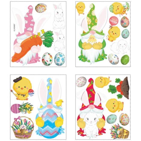 Lot de 4 autocollants de Pâques pour fenêtres : lapin, gnome, œufs, poussins, stickers muraux et pour réfrigérateur, décoration pour la maison, les enfants et l'école (vitres).