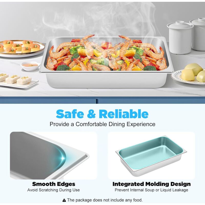 Lot de 4 Bac Alimentaire GN 1/1 en Inox 9L, 53,5 x 32,5 x 10cm, Plat Gastronome Profond pour Buffet, Restaurant, Cantine