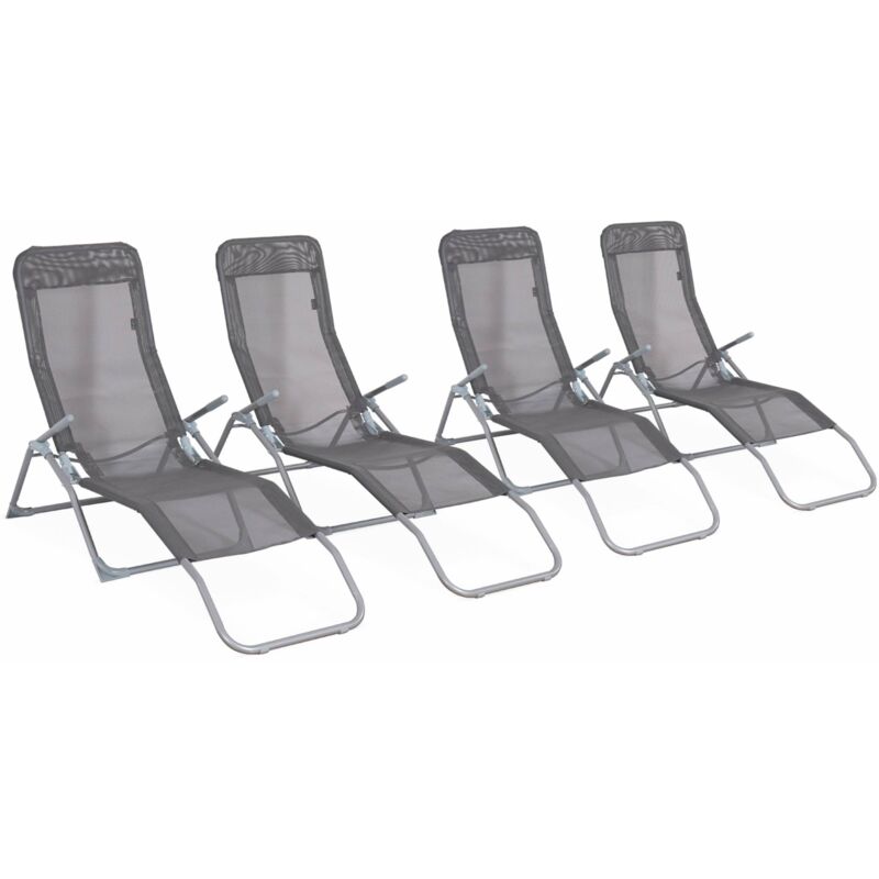 Lot de 4 bains de soleil pliants - Levito Anthracite - Transats textilène 2 positions. chaises longues