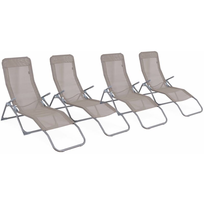 Lot de 4 bains de soleil pliants - Levito Taupe - Transats textilène 2 positions. chaises longues