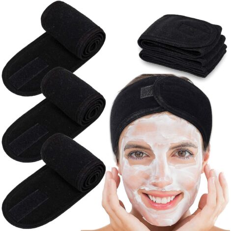 Lot de 4 bandeaux de spa, bandeau de maquillage pour les cheveux, bandeau extensible en tissu éponge pour le sport, le yoga et la douche (NOIR)