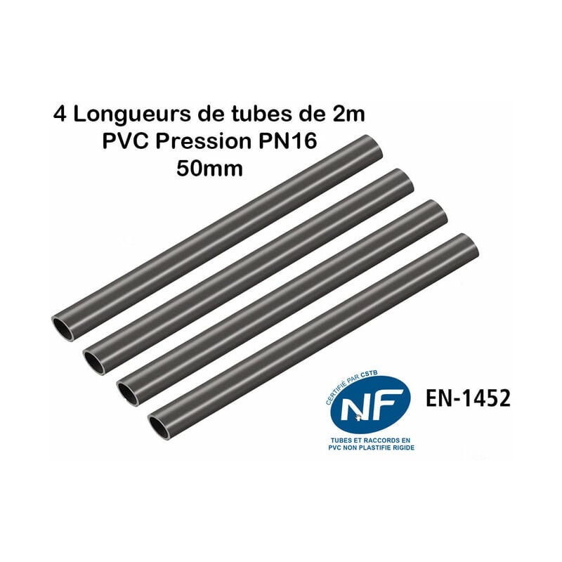 Lot de 4 Barres de Tuyau Rigide Tube pvc Pression PN16 50mm : Longueur 2m