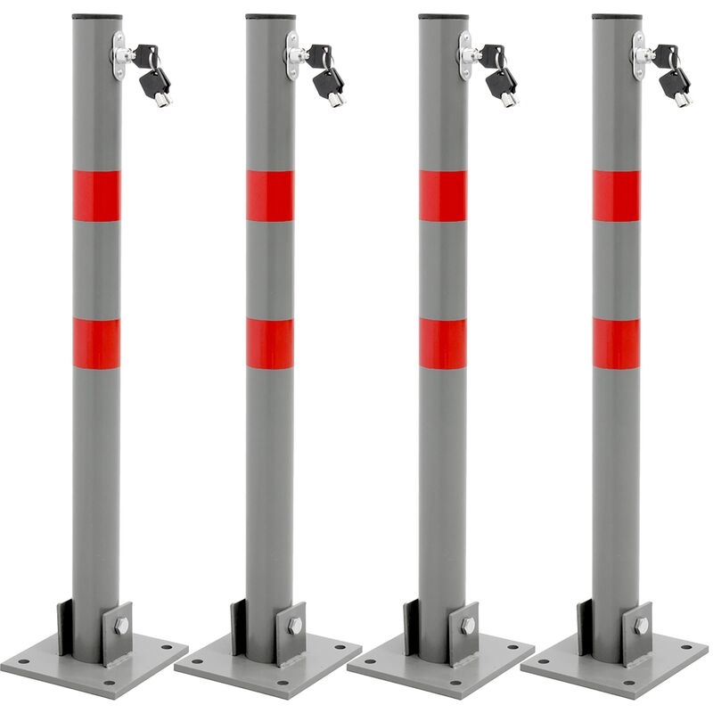 4x Barrière de Parking Rabattable - 71 cm - Rond - en Acier - Verrouillable avec Clés - Poteau Borne de Stationnement Pliable - Matériel de Fixation