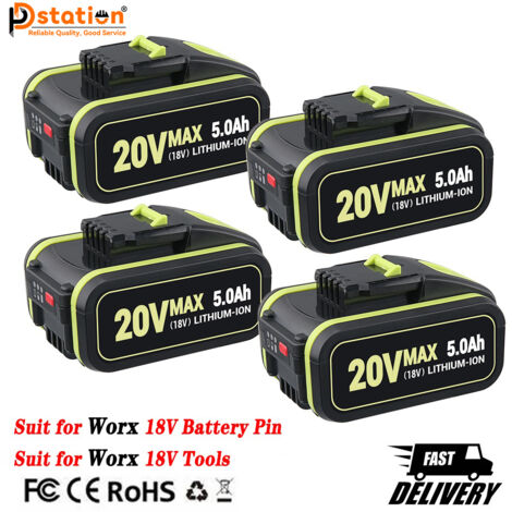 Lot de 4 batteries de rechange 18V 5000mAh pour Worx 20V Max WA3551 WA3551.1 WA3553 WA3553.2 WX372.1 WX80000 WX80000 WX3 WX3 WX80000 WX3 WX3 802 WXS. 678 WX550 WX523 WU531.9 WG894E