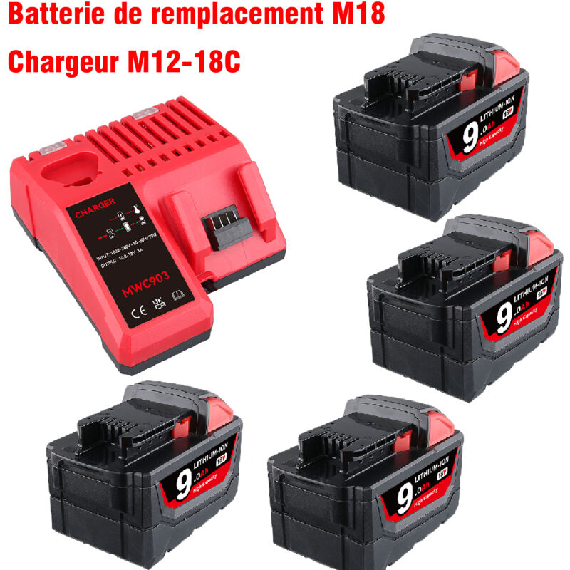 Pdstation - Lot de 4 batteries de rechange 9,0 Ah pour batterie Milwaukee M18 Lithium-ion et kit de chargeur compatible avec les outils électriques