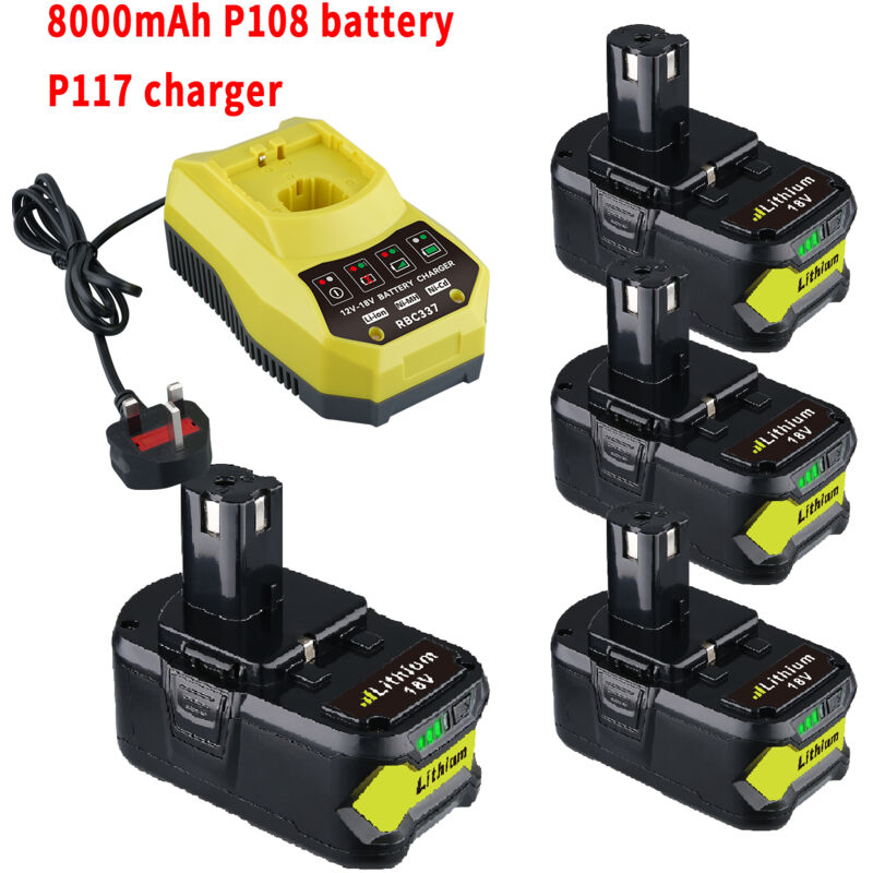 Pdstation - Lot de 4 batteries de rechange Ryobi 18 v P108 P102 8,0 Ah et chargeur P117, compatibles avec les outils sans fil Ryobi 18 v P103 P104