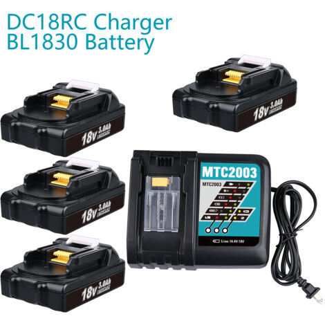 Lot de 4 batteries et chargeurs 18 V 3 Ah pour Makita BL1830 BL1840 BL1850 BL1860 et chargeur 3ADC18RC DC18RD MTC2003