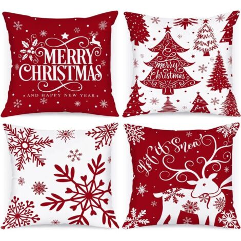 Lot de 4 Blanc et Rouge Housse de Coussin Noel 45x45 cm, Taie d'oreiller Hiver Flocon de Neige Parure de Oreiller de Décoration de Lit Noel Deco pour Chambres Canapé Noël Decoration (Rouge)