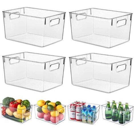 Lot de 4 boîtes de rangement de réfrigérateur avec poignées, robustes et transparentes Organisation pour cuisines, réfrigérateur, armoires, salle de bain Sans BPA 29 x 20 x 15,5 cm