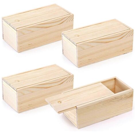 Lot de 4 boîtes de rangement en bois brut avec couvercle coulissant, pour les loisirs créatifs.