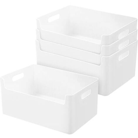 Lot de 4 boîtes de rangement en plastique pour cuisine et salle de bain 25 cm Panier de rangement à fond avant Boîtes de rangement blanches, étagères, armoires, boîtes de rangement