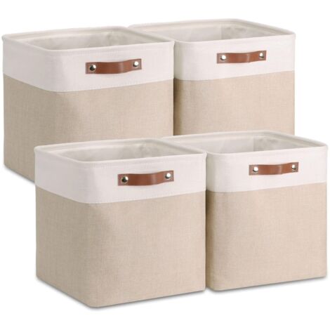 Lot de 4 Boîtes de Rangement en Tissu, 28x28x28cm, Avec Poignée en Cuir Synthétique pour Étagère Cube, Étagères, Penderie, Kaki et Blanc