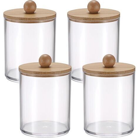 Lot de 4 boîtes de rangement transparentes en plastique pour bouteilles de médicaments avec couvercles en bambou, pour distributeur de cotons-tiges, organisateur de bocaux de salle de bain