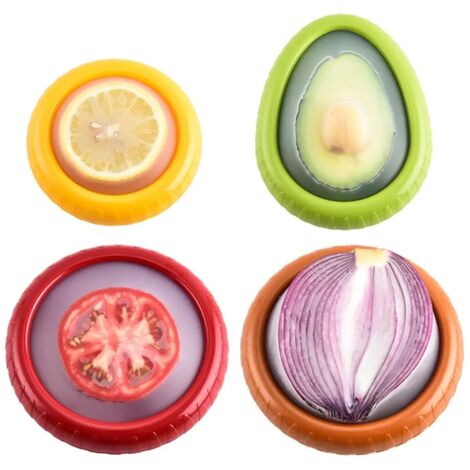 Lot de 4 boîtes hermétiques silicone pour fruits légumes conservation réfrigérateur rangement cuisine film transparent Jaune Rouge Vert Marron